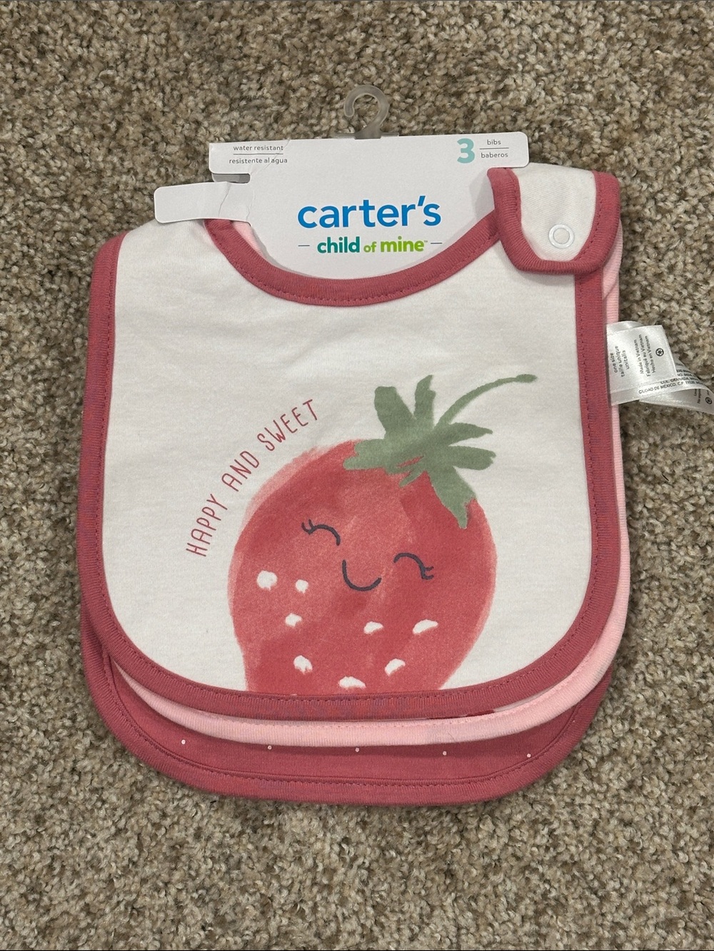 child of mine Rose Pink Strawberry Water Resistant Bib Set